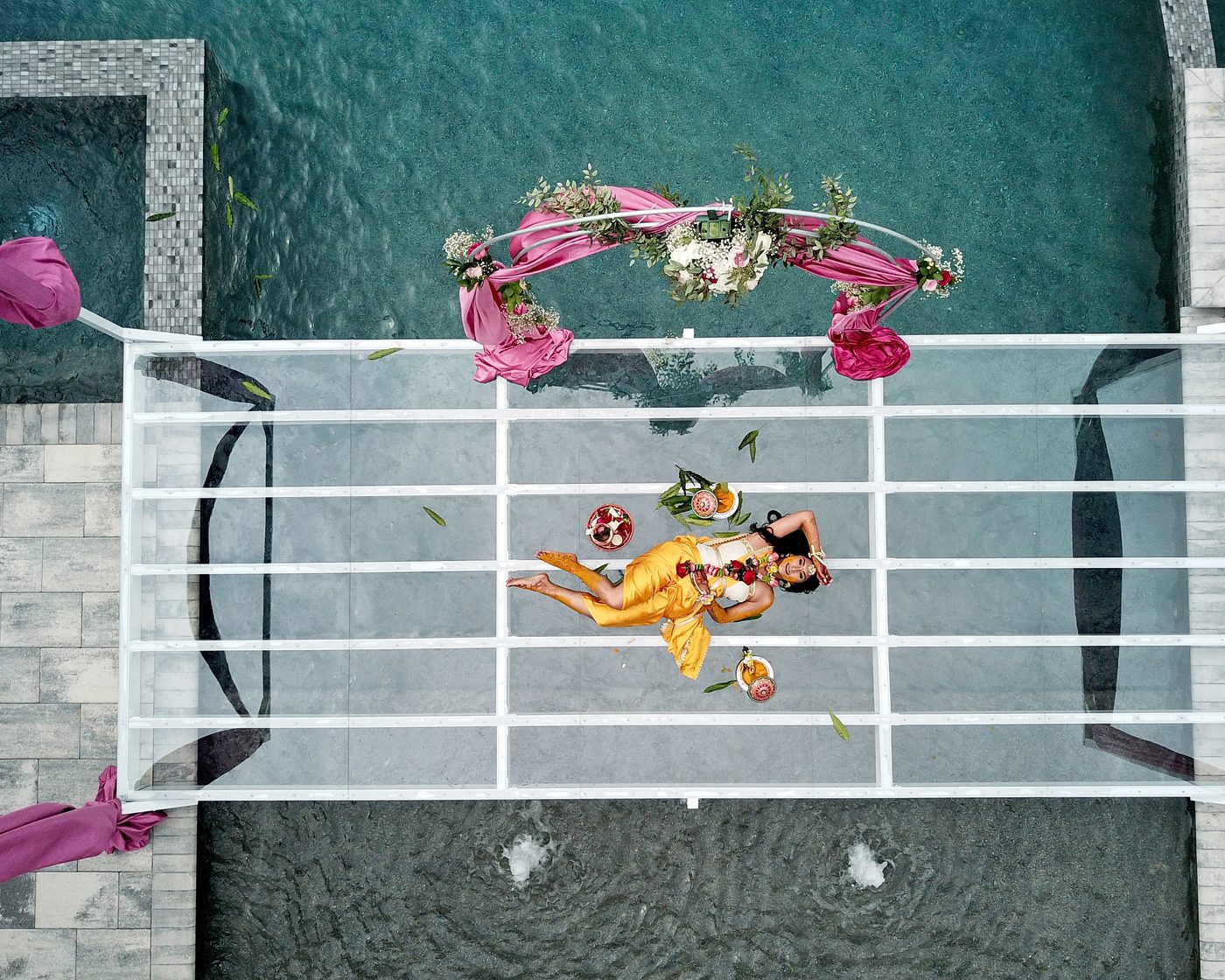 An overhead view of a flower-decorated ceremony space